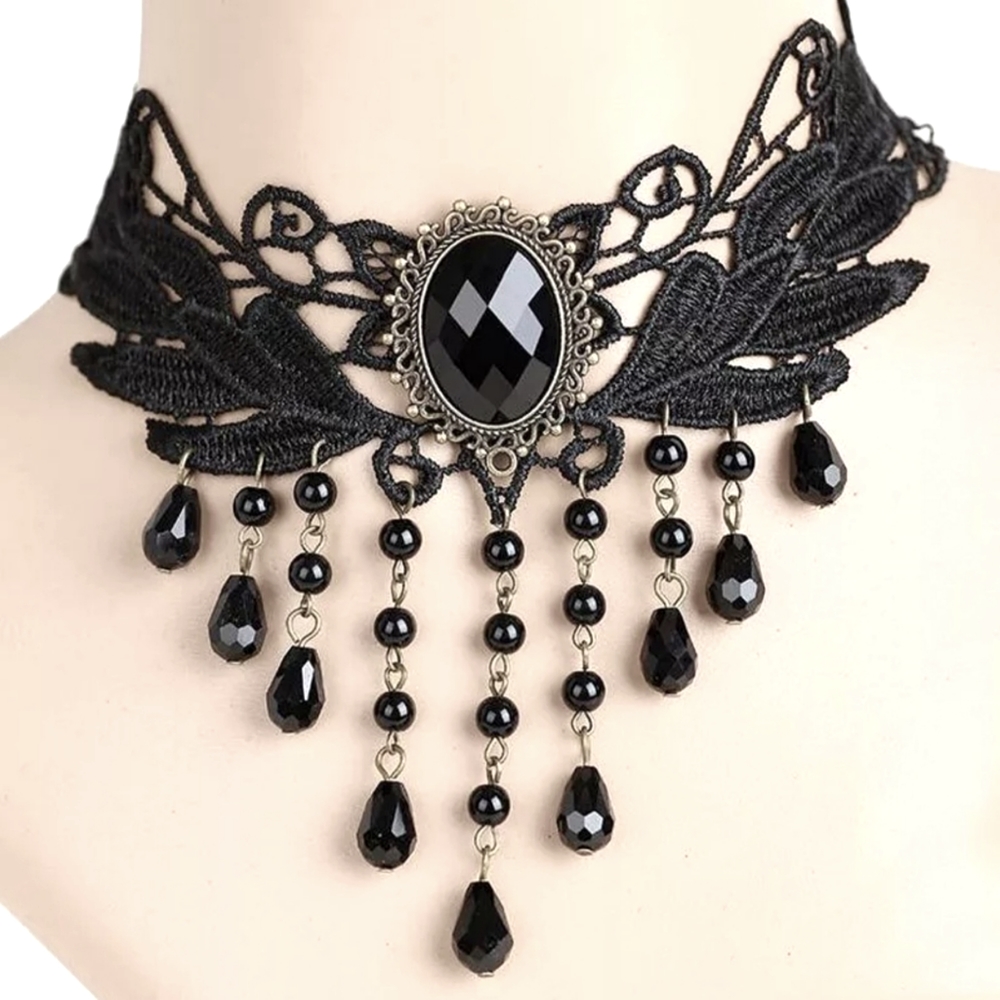 Victorian Black leaf lace choker with black jewel and cascading beads
